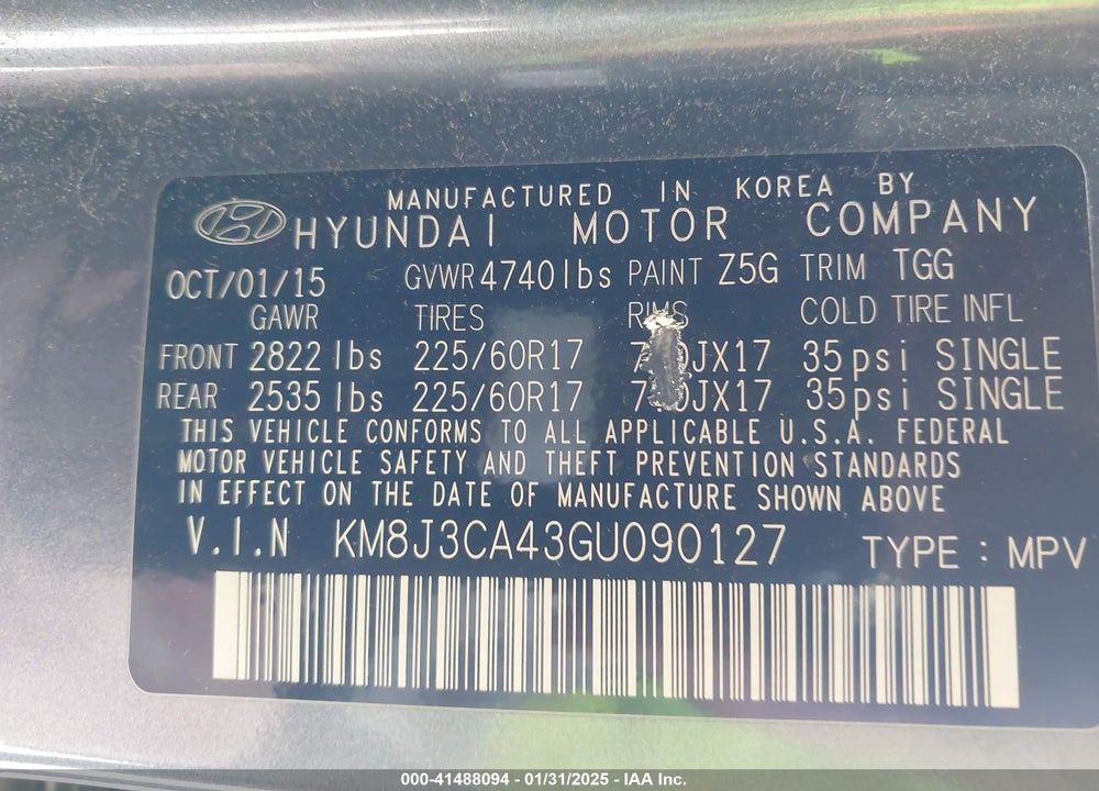 2016 HYUNDAI TUCSON SE VIN: KM8J3CA43GU090127