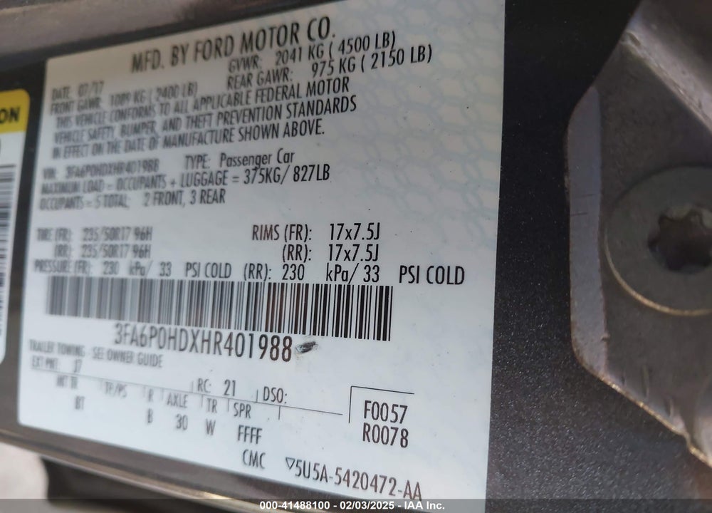 2017 FORD FUSION VIN: 3FA6P0HDXHR401988