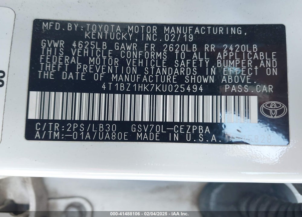 2019 TOYOTA CAMRY XSE V6 VIN: 4T1BZ1HK7KU025494