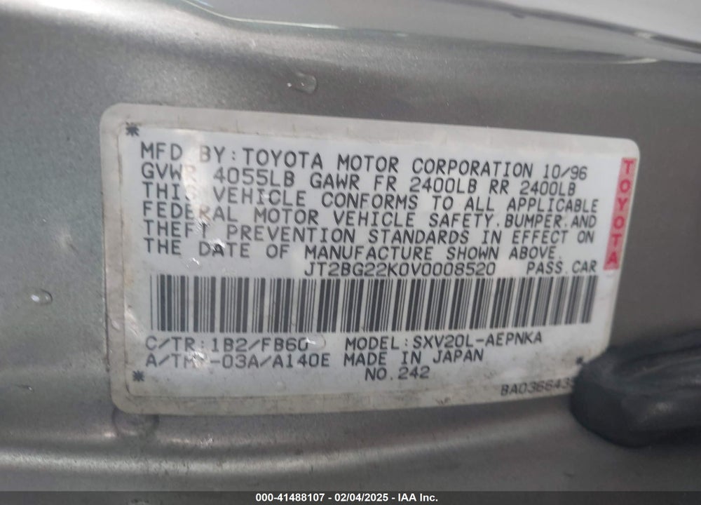 1997 TOYOTA CAMRY LE VIN: JT2BG22K0V0008520