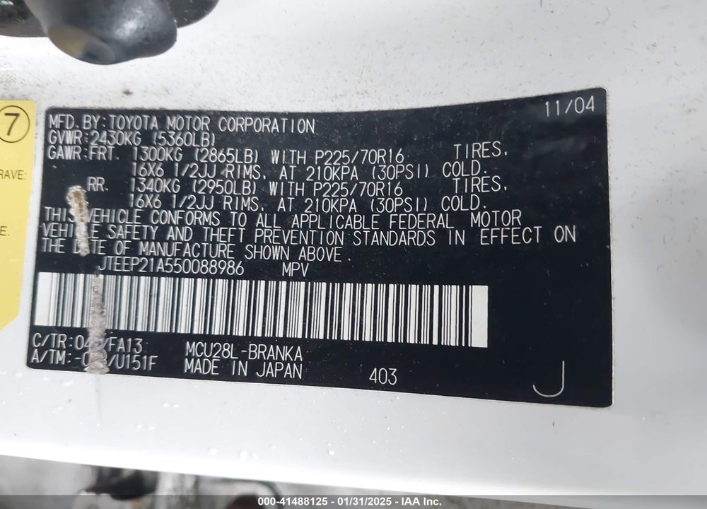 2005 TOYOTA HIGHLANDER V6 VIN: JTEEP21A550088986