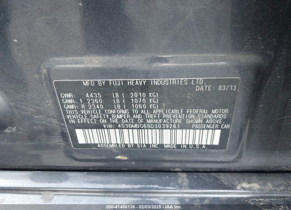 2013 SUBARU LEGACY 2.5 I SPORT VIN: 4S3BMBG68D3039281