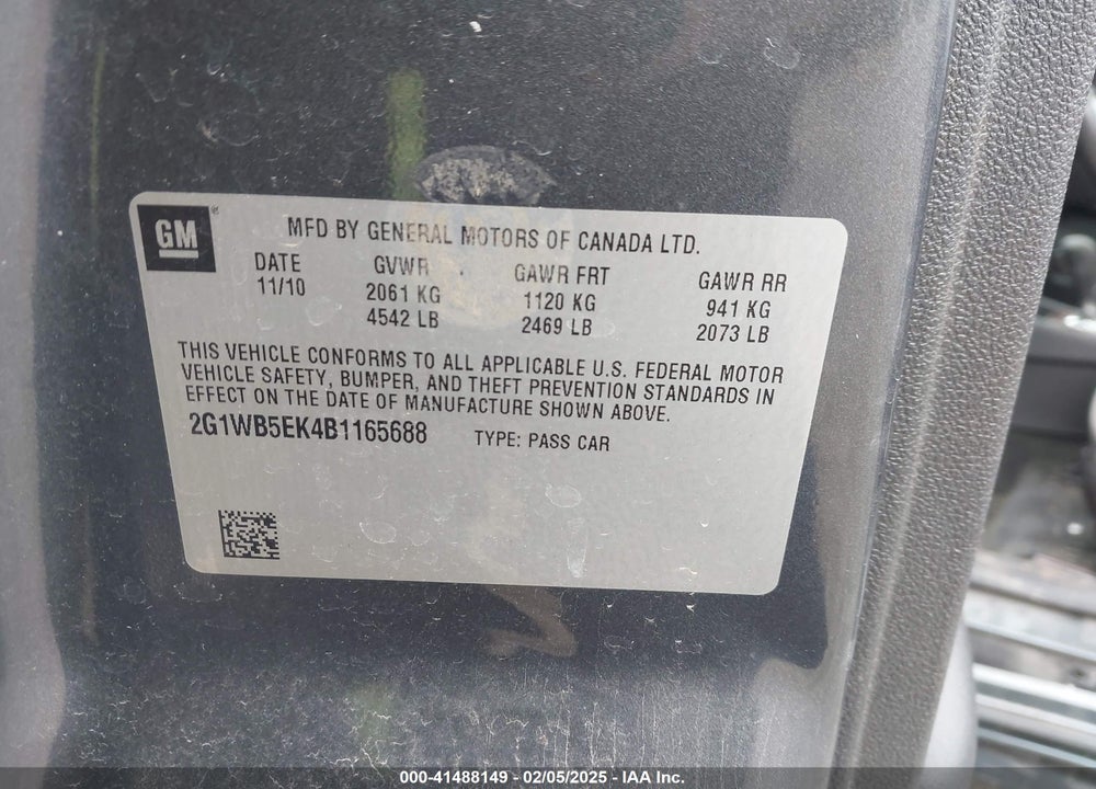 2011 CHEVROLET IMPALA VIN: 2G1WB5EK4B1165688