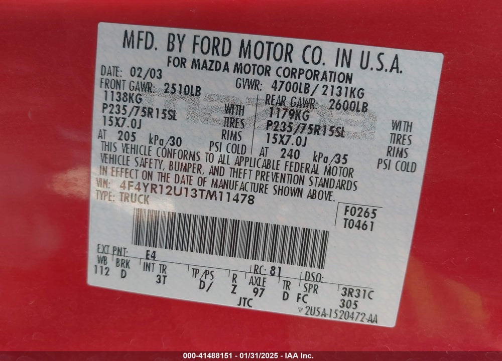 2003 MAZDA B3000 DS VIN: 4F4YR12U13TM11478