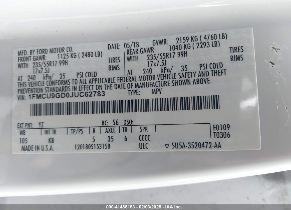 2018 FORD ESCAPE VIN: 1FMCU9GD0JUC62783