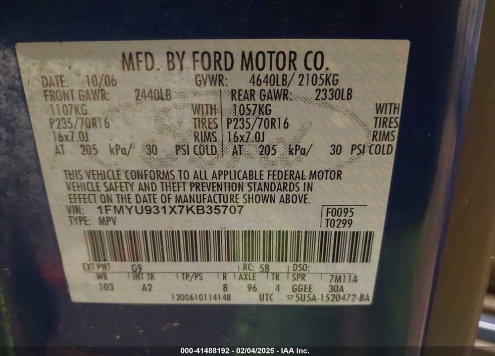 2007 FORD ESCAPE VIN: 1FMYU931X7KB35707