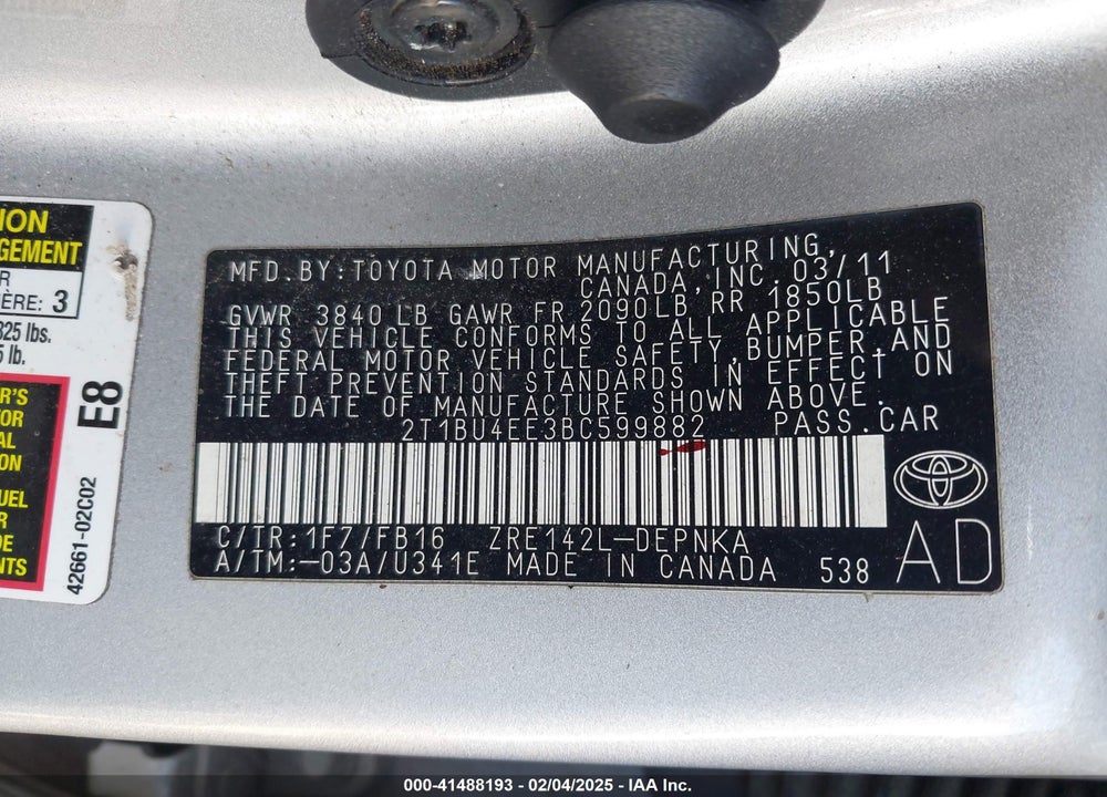 2011 TOYOTA COROLLA VIN: 2T1BU4EE3BC599882