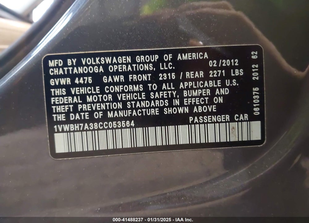 2012 VOLKSWAGEN PASSAT VIN: 1VWBH7A38CC053564