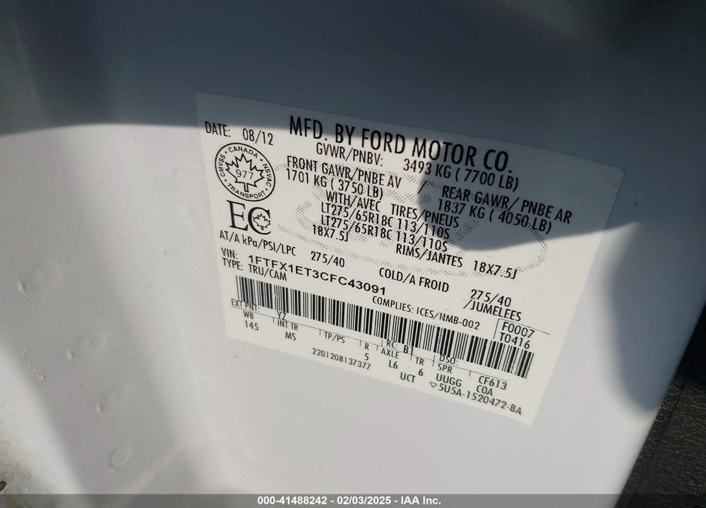 2012 FORD F150 VIN: 1FTFX1ET3CFC43091
