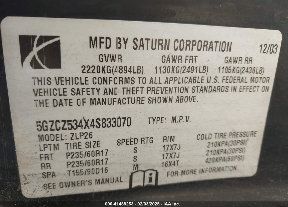 2004 SATURN VUE V6 VIN: 5GZCZ534X4S833070