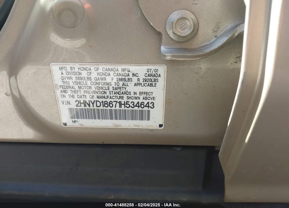 2001 ACURA MDX VIN: 2HNYD18671H534643