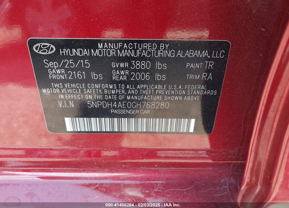 2016 HYUNDAI ELANTRA SE VIN: 5NPDH4AE0GH768280