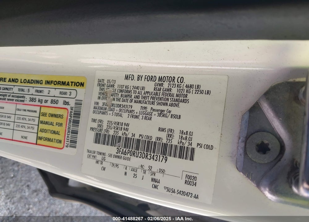 2013 FORD FUSION HYBRID VIN: 3FA6P0RU3DR343179