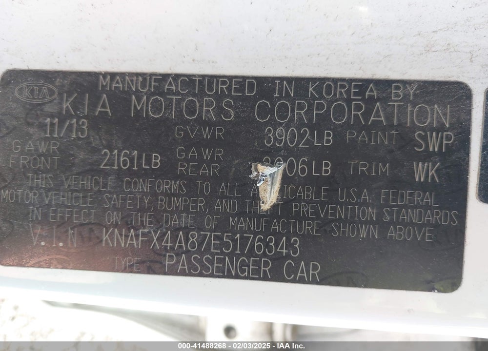 2014 KIA FORTE VIN: KNAFX4A87E5176343