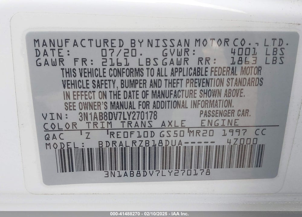 2020 NISSAN SENTRA VIN: 3N1AB8DV7LY270178