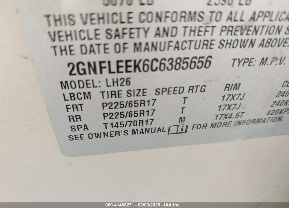 2012 CHEVROLET EQUINOX 1LT VIN: 2GNFLEEK6C6385656