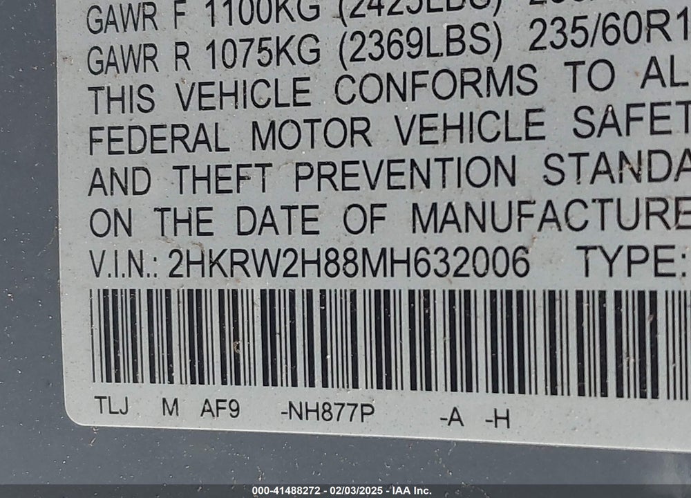 2021 HONDA CR-V AWD EX-L VIN: 2HKRW2H8AMH632006