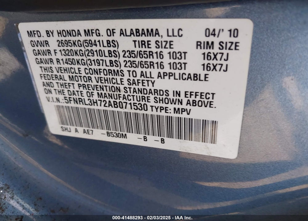 2010 HONDA ODYSSEY EX-L VIN: 5FNRL3H72AB071530
