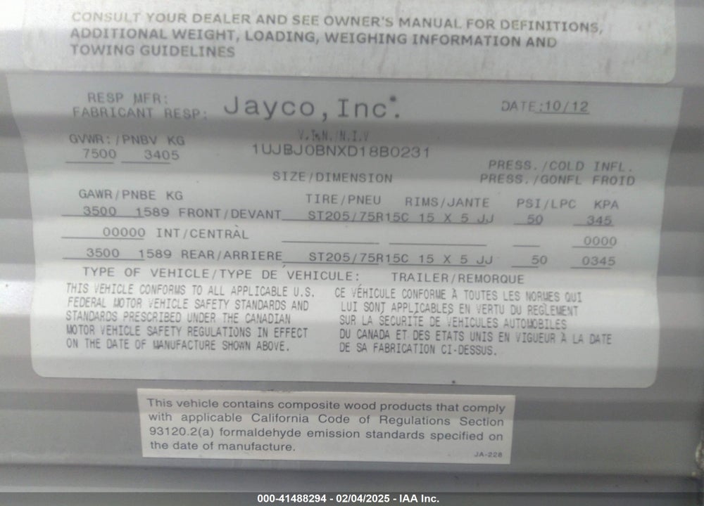 2013 JAYCO CAMPER VIN: 1UJBJ0BNXD18B0231