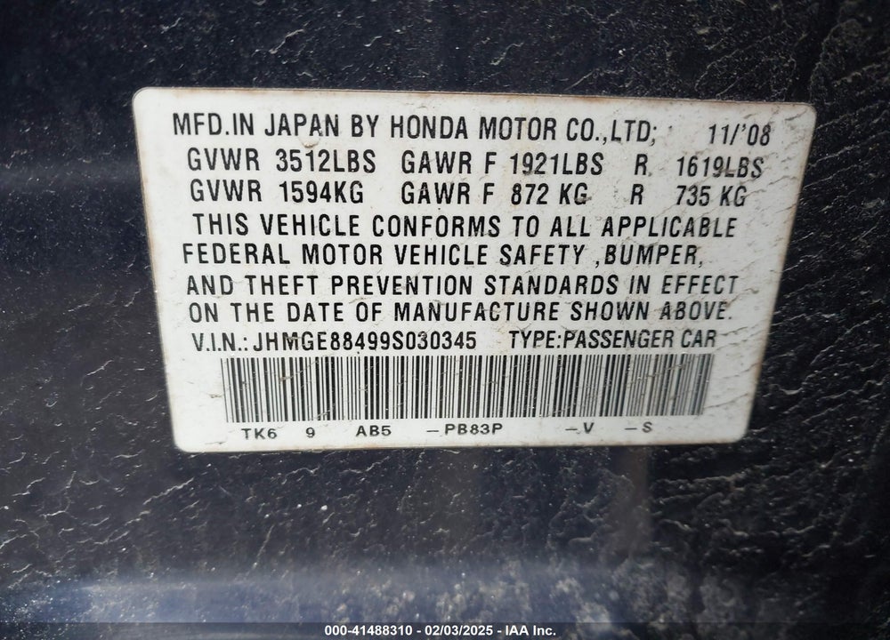 2009 HONDA FIT VIN: JHMGE88499S030345
