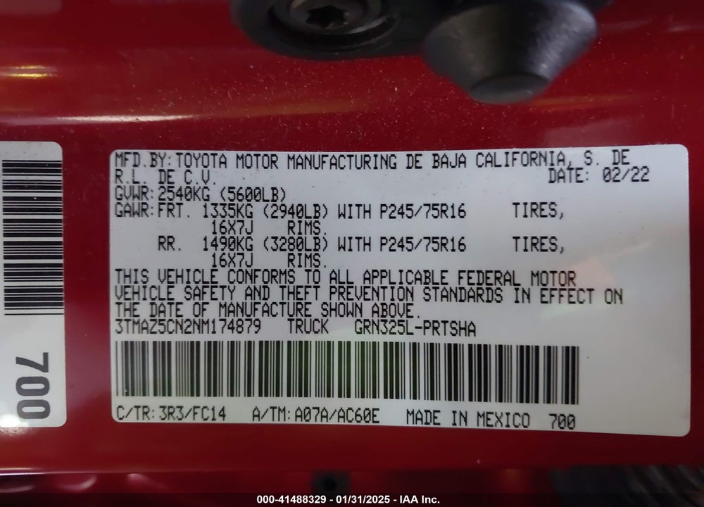 2022 TOYOTA TACOMA VIN: 3TMAZ5CN2NM174879