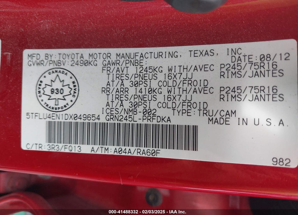 2013 TOYOTA TACOMA VIN: 5TFLU4EN1DX049654