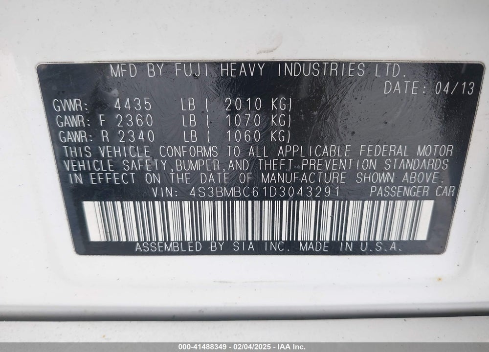 2013 SUBARU LEGACY VIN: 4S3BMBC61D3043291