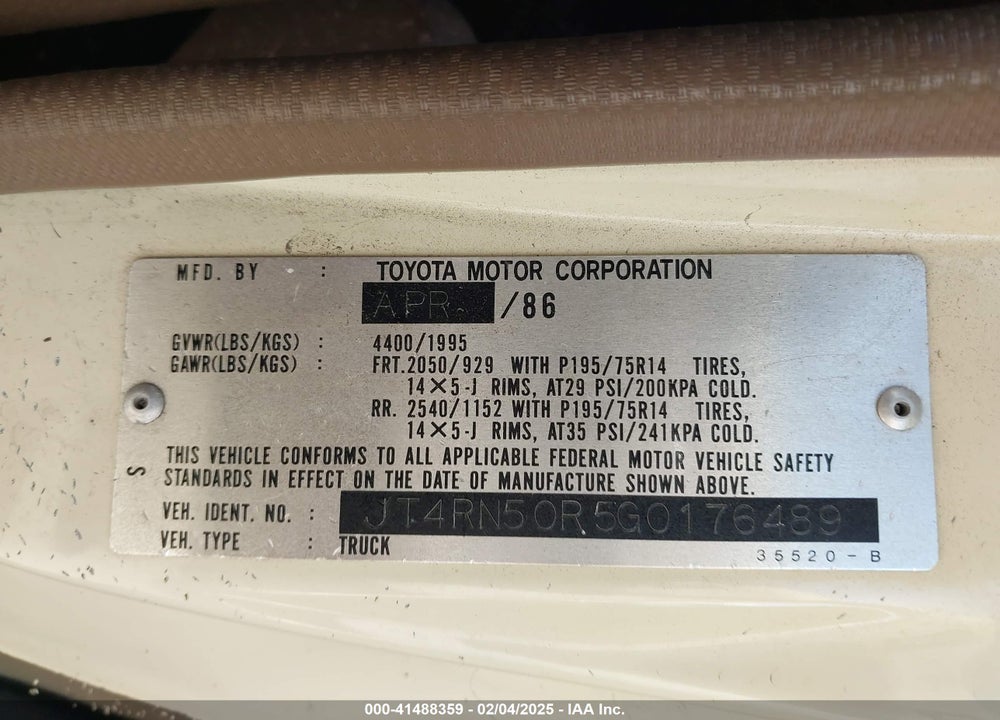 1986 TOYOTA PICKUP 1/2 TON RN50 VIN: JT4RN50R5G0176489