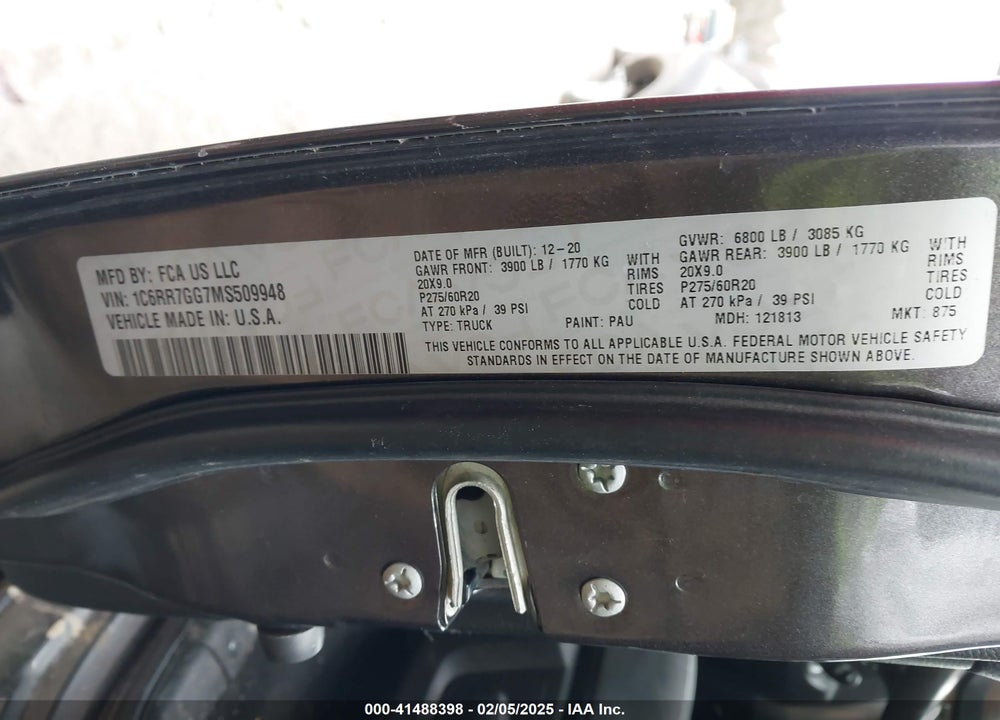 2021 RAM 1500 CLASSIC VIN: 1C6RR7GG7MS509948