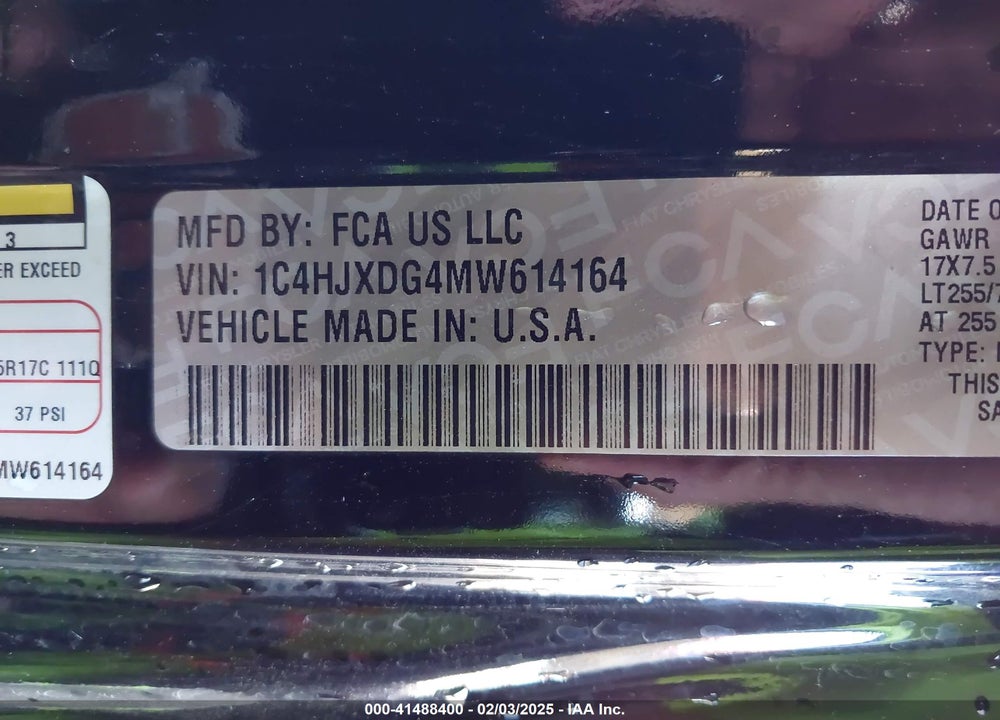 2021 JEEP WRANGLER UNLIMITED VIN: 1C4HJXDG4MW614164