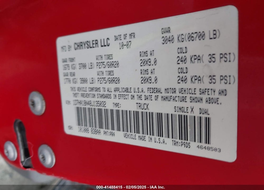 2008 DODGE RAM 1500 VIN: 1D7HA18N48J135032