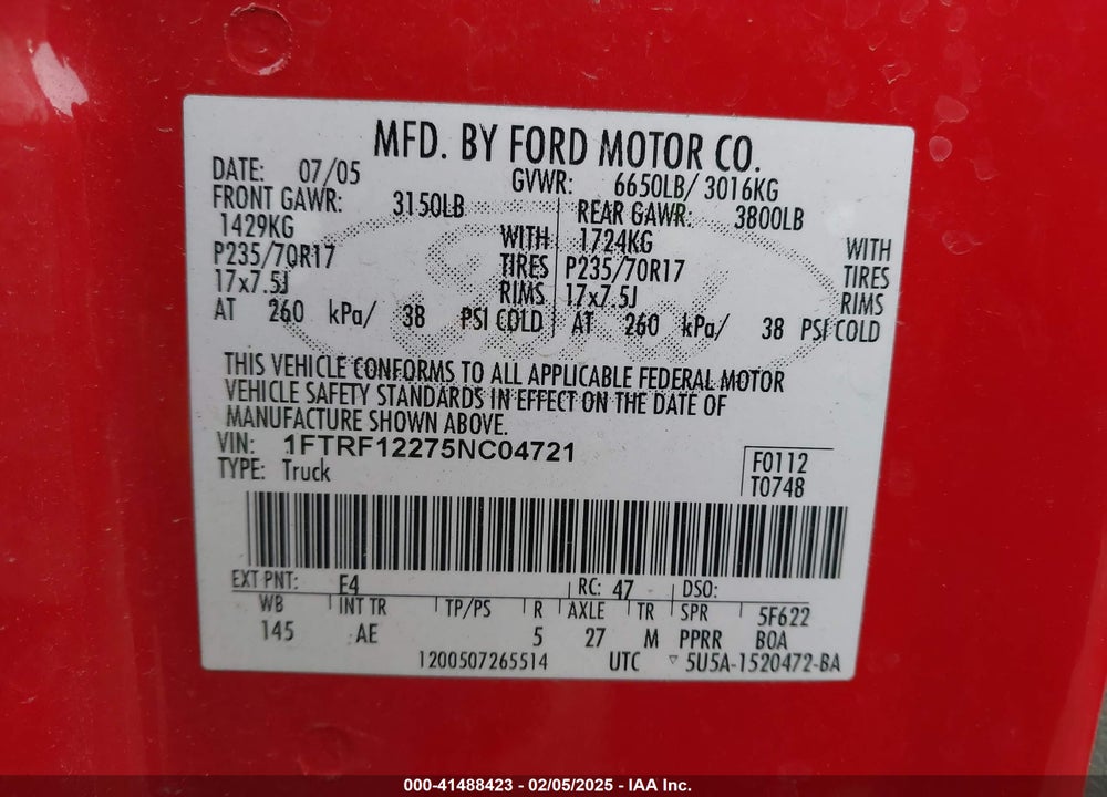 2005 FORD F-150 STX/XL/XLT VIN: 1FTRF12275NC04721