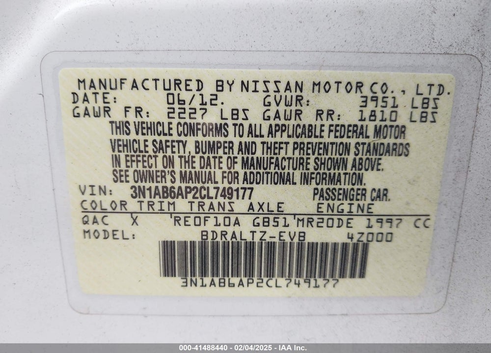 2012 NISSAN SENTRA 2.0 SR VIN: 3N1AB6AP2CL749177