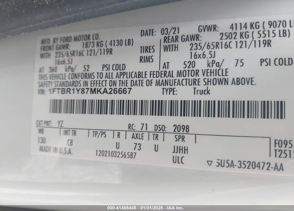 2021 FORD TRANSIT-250 VIN: 1FTBR1Y87MKA26667