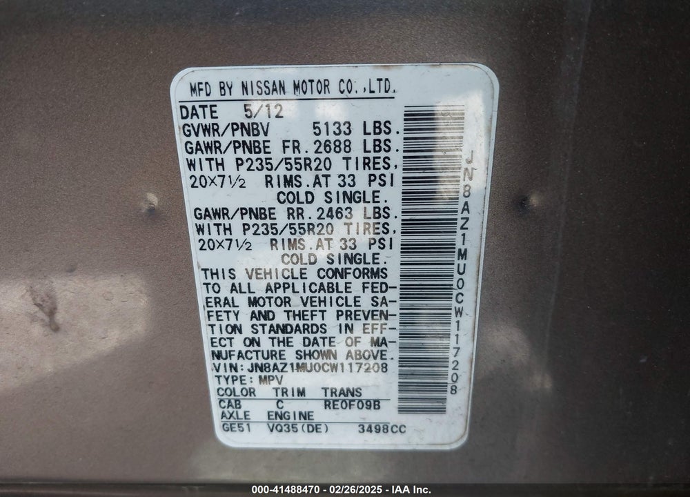 2012 NISSAN MURANO LE VIN: JN8AZ1MU0CW117208