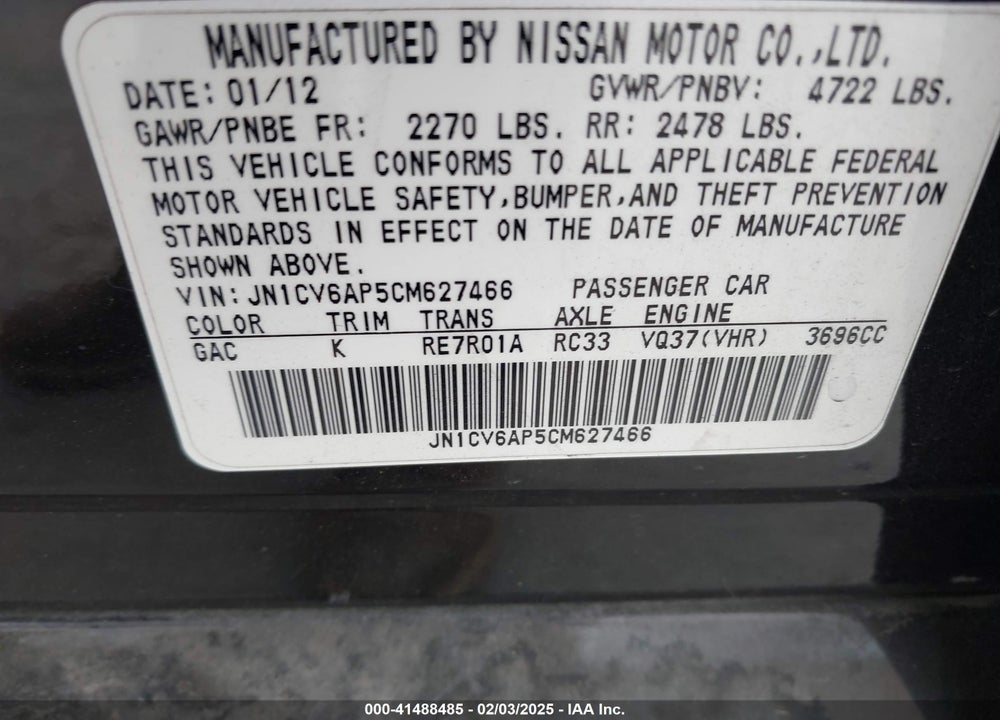 2012 INFINITI G37 JOURNEY VIN: JN1CV6AP5CM627466