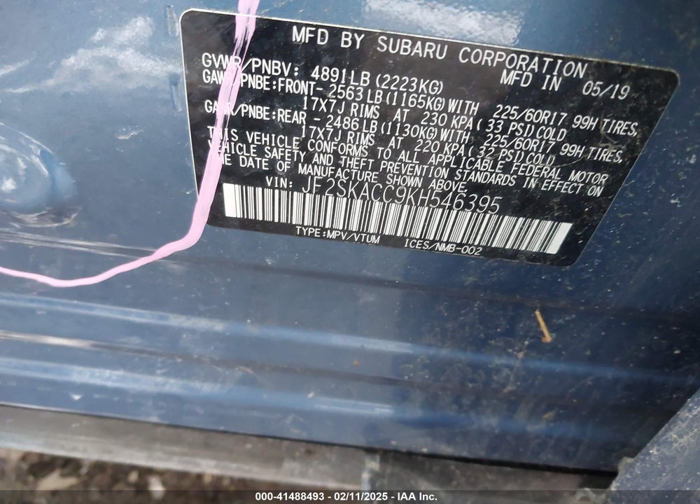 2019 SUBARU FORESTER VIN: JF2SKACC9KH546395