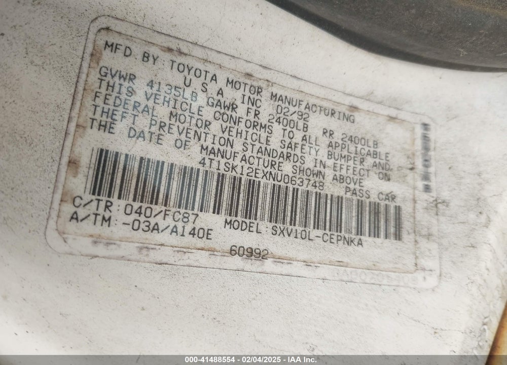 1992 TOYOTA CAMRY LE VIN: 4T1SK12EXNU063748