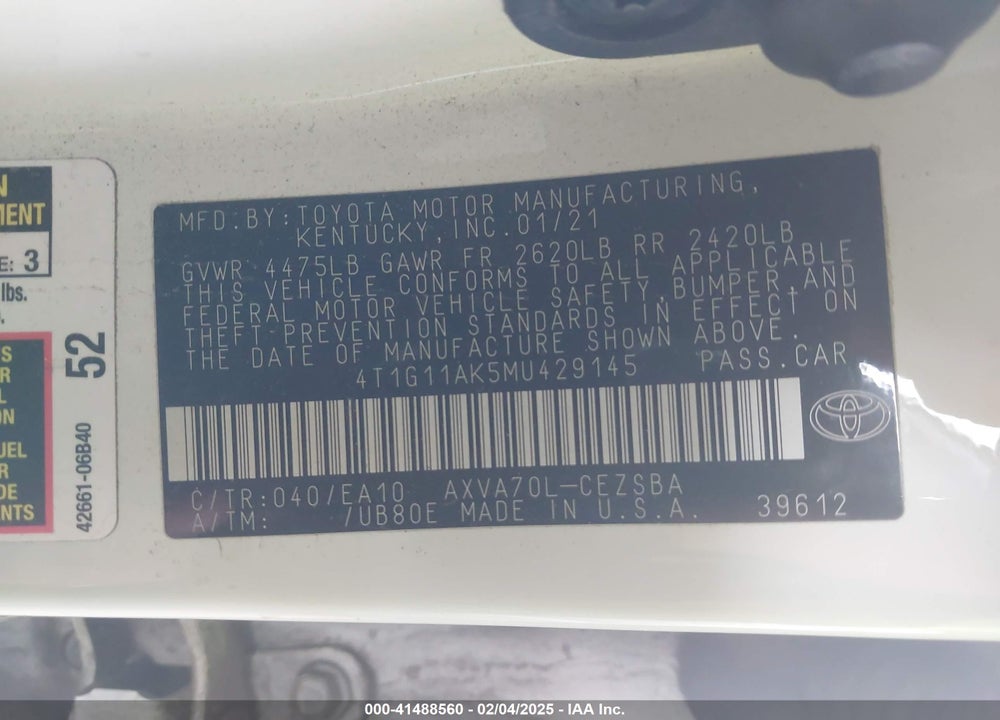 2021 TOYOTA CAMRY VIN: 4T1G11AK5MU429145