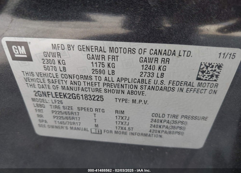 2016 CHEVROLET EQUINOX LS VIN: 2GNFLEEK2G6183225