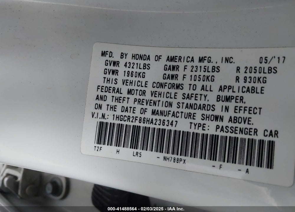 2017 HONDA ACCORD VIN: 1HGCR2F86HA236347
