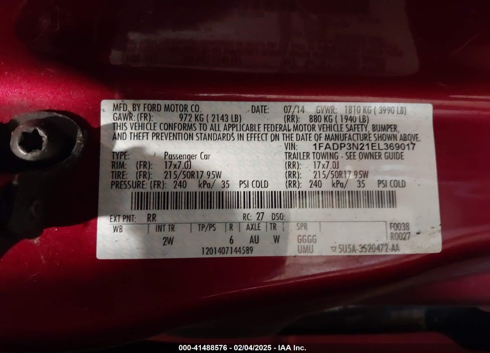 2014 FORD FOCUS VIN: 1FADP3N21EL369017
