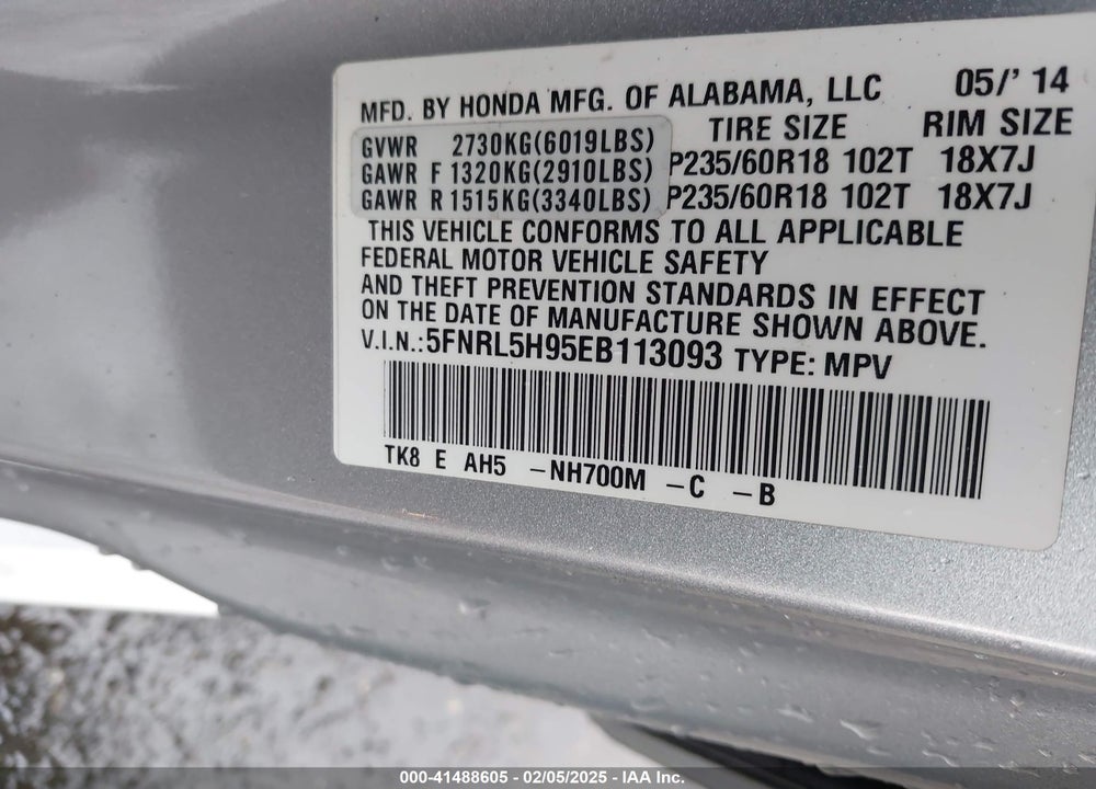 2014 HONDA ODYSSEY TOURING/TOURING ELITE VIN: 5FNRL5H95EB113093