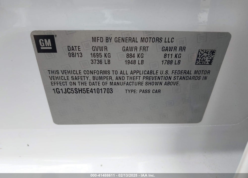 2014 CHEV SONIC LT AUTOMATIC VIN: 1G1JC5SH5E4101703