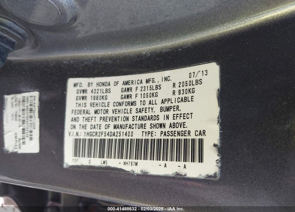 2013 HONDA ACCORD VIN: 1HGCR2F54DA251400