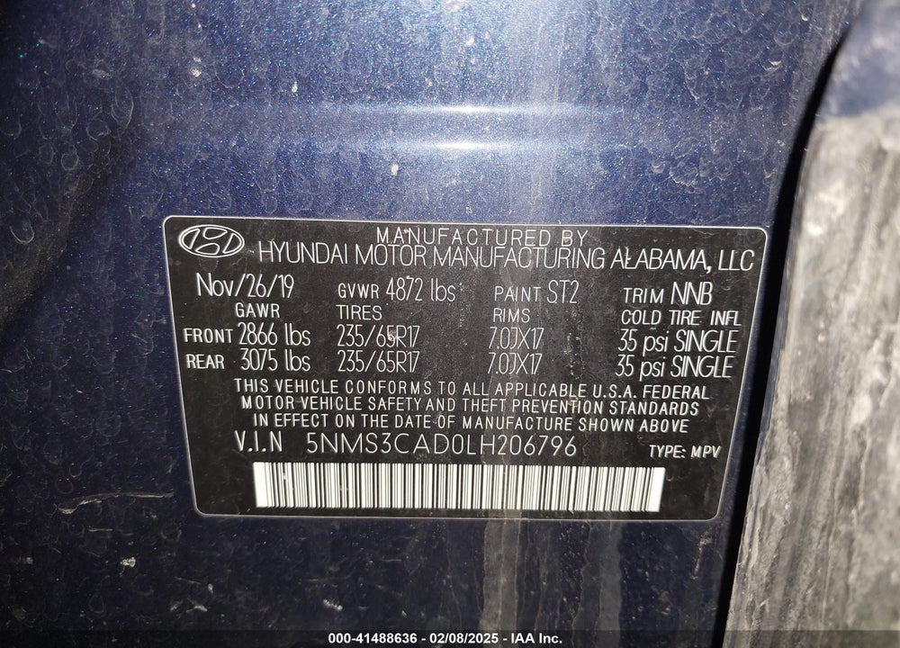 2020 HYUNDAI SANTA FE SEL VIN: 5NMS3CAD0LH206796