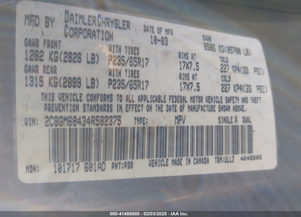 2004 CHRYSLER PACIFICA VIN: 2C8GM68434R582375