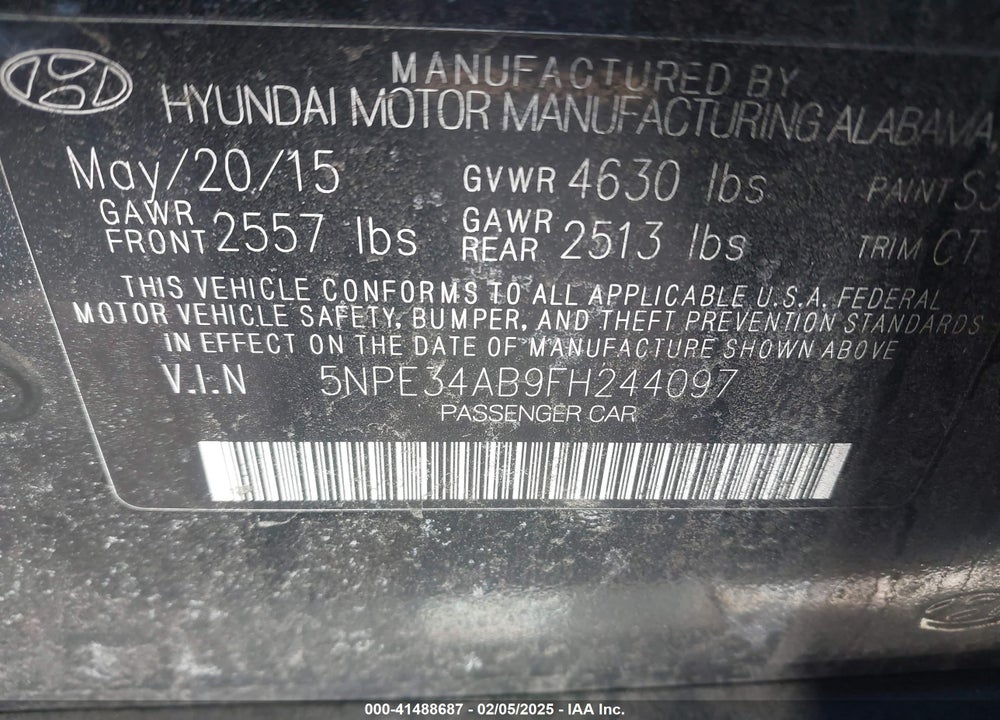 2015 HYUNDAI SONATA LIMITED 2.0T VIN: 5NPE34AB9FH244097