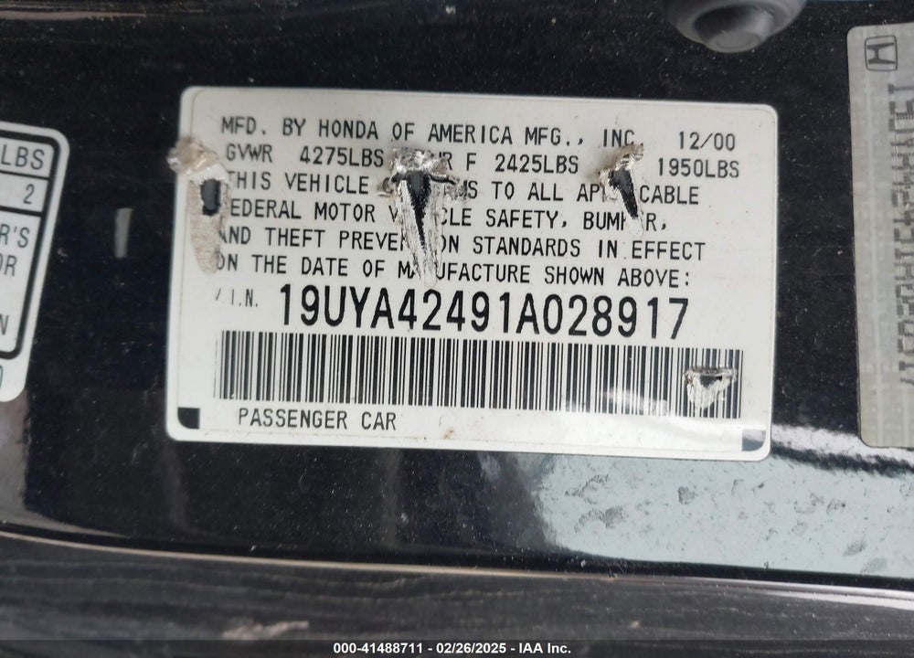 2001 ACURA CL 3.2 VIN: 19UYA42491A028917