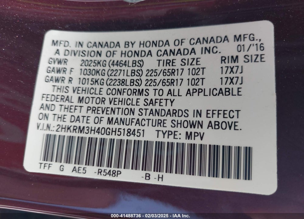 2016 HONDA CR-V VIN: 2HKRM3H40GH518451